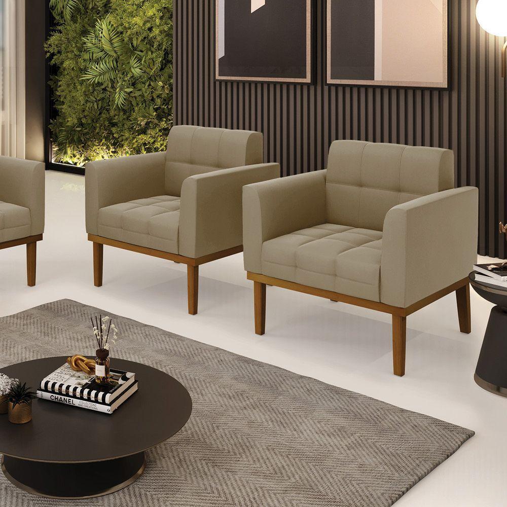 Poltrona Base De Madeira Fixa Castanho Kit 2 Elisa Suede D03 - D\'rossi Cor Marrom Rato - 2