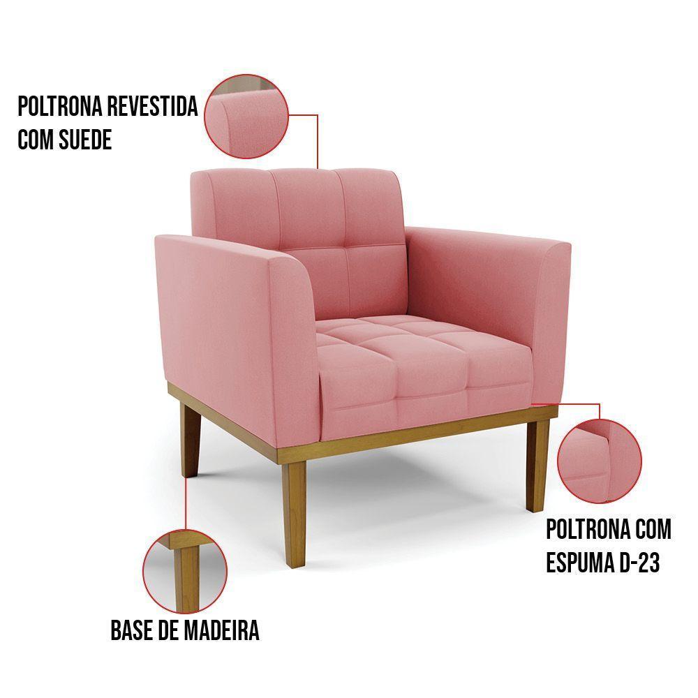 Poltrona Base De Madeira Fixa Castanho Kit 2 Elisa Suede D03 - D\'rossi Cor Rose - 5