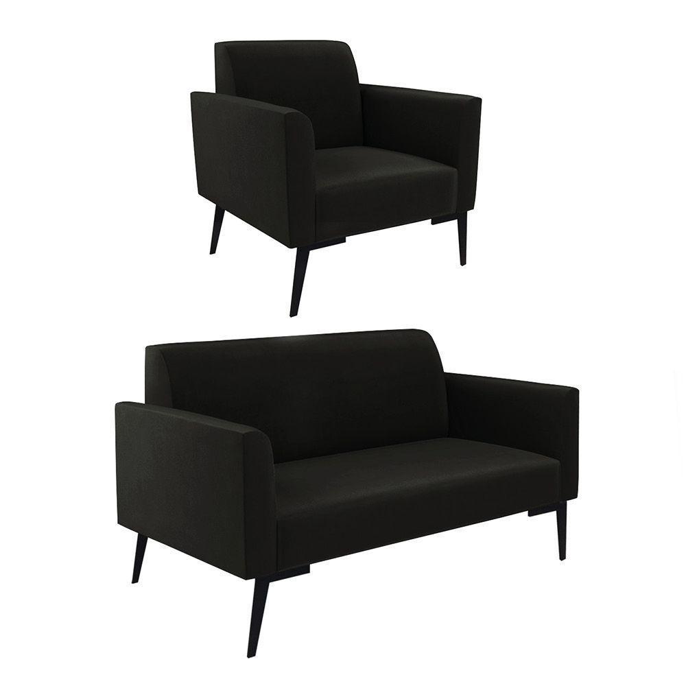 Sofá Namoradeira Com Poltrona Pés Villach Marisa Suede D03 - D\'rossi Cor Preto - 1