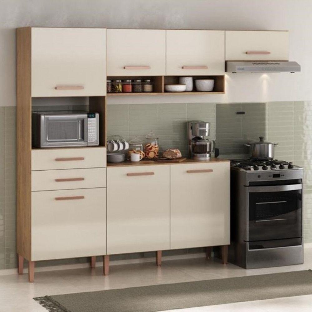 Cozinha Com Balcão Fortaleza 4245r Com 7 Portas 2 Gavetas... Canelato Rústico Com Natura Off White - 1