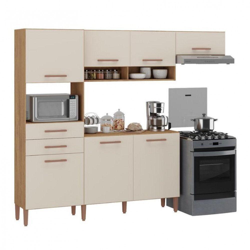 Cozinha Com Balcão Fortaleza 4245r Com 7 Portas 2 Gavetas... Canelato Rústico Com Natura Off White - 2