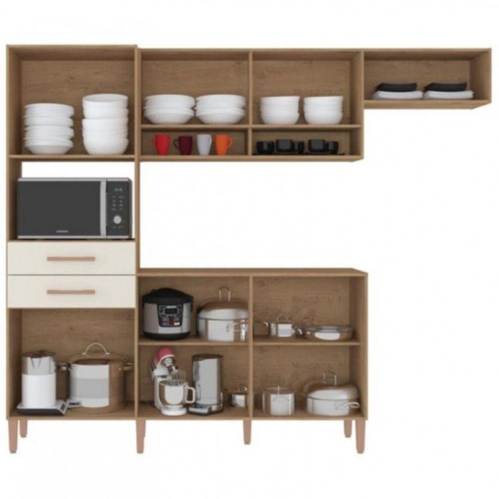 Cozinha Com Balcão Fortaleza 4245r Com 7 Portas 2 Gavetas... Canelato Rústico Com Natura Off White - 3