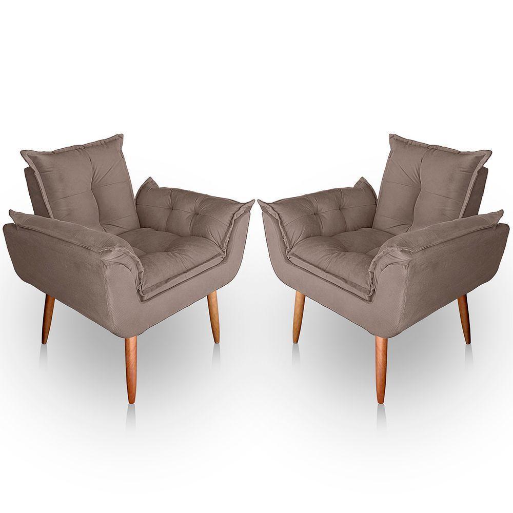 Kit 02 Poltrona Para Sala E Quarto Decorativa Opala Suede Cor Capuccino - 1