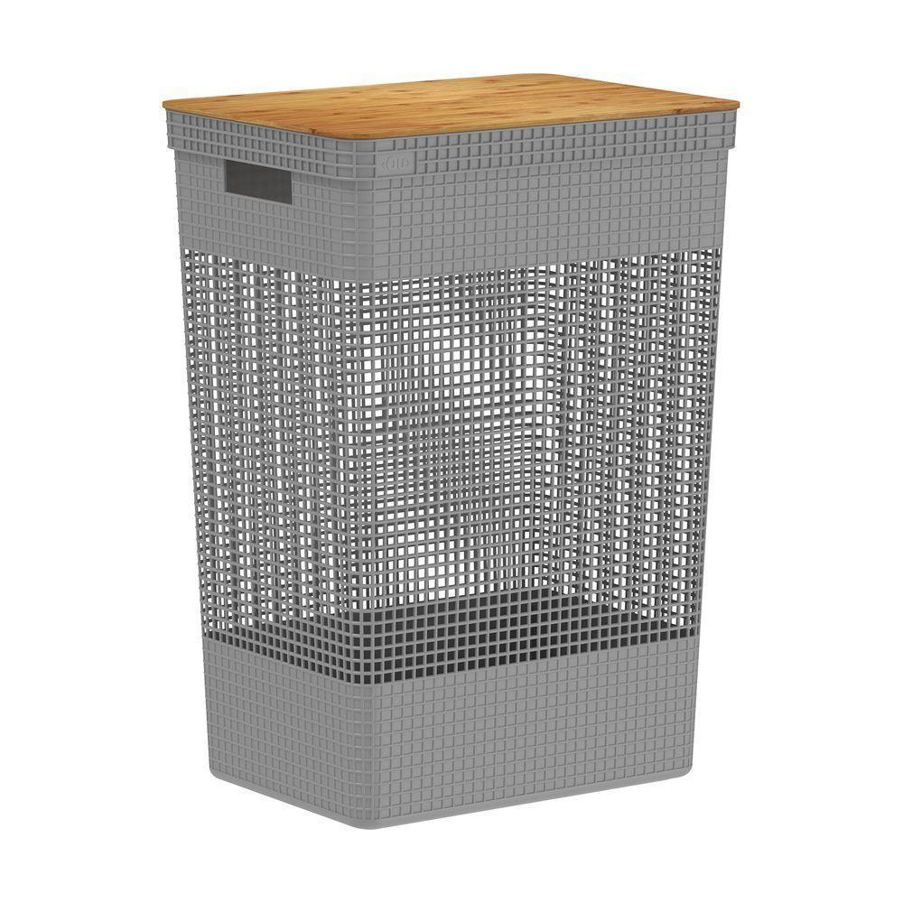Cesto De Roupas Com Tampa De Bambu Grid Ou 49 Litros Cor:chumbo - 1