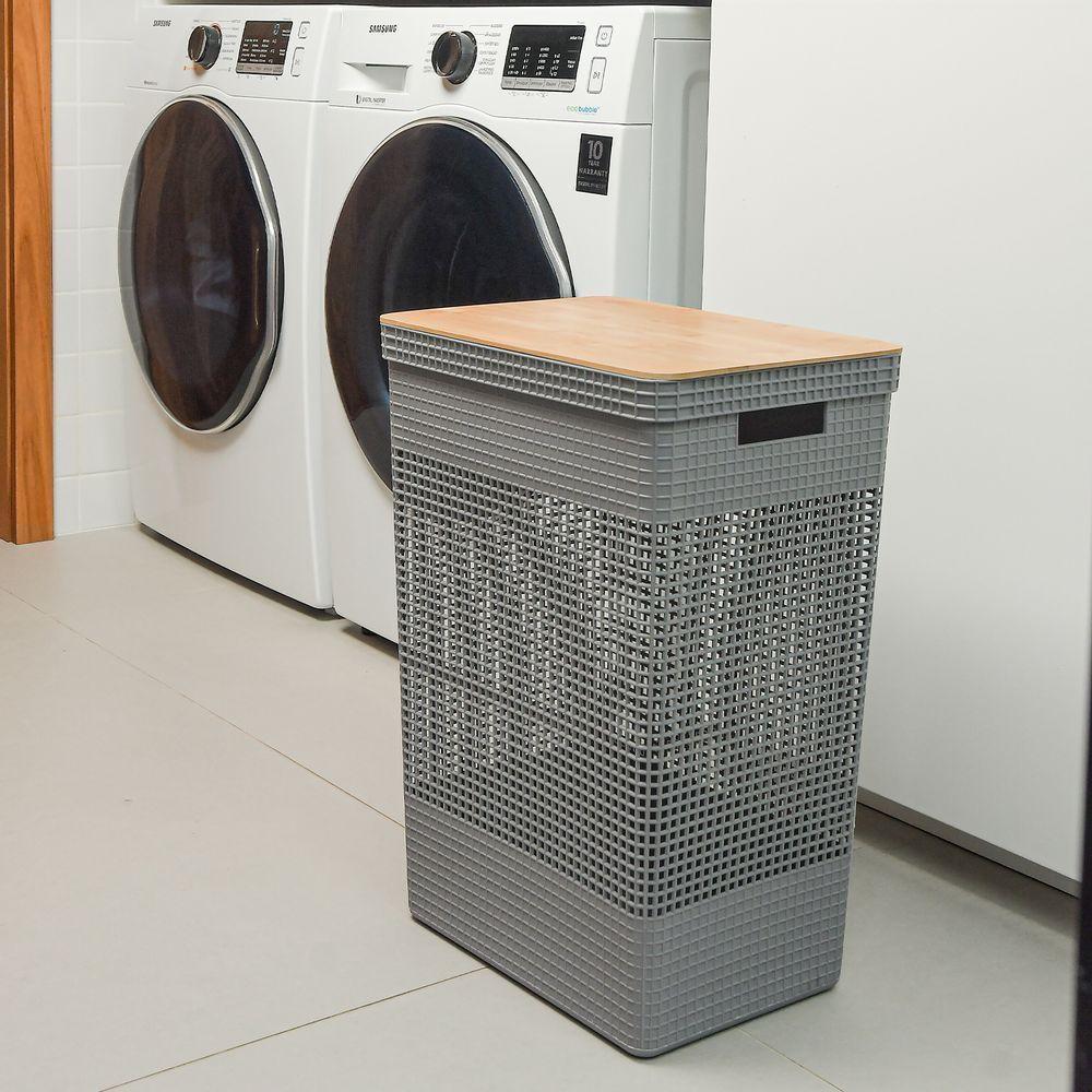 Cesto De Roupas Com Tampa De Bambu Grid Ou 49 Litros Cor:chumbo - 3