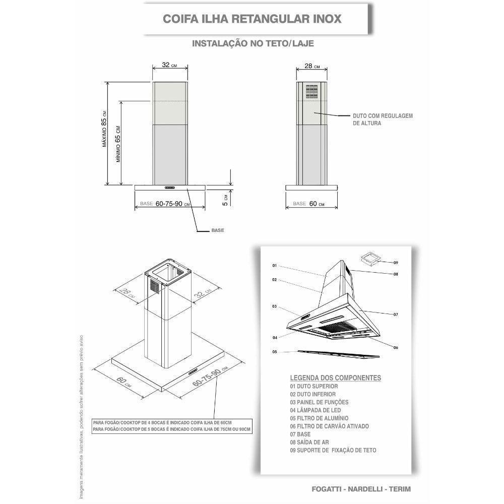 Coifa Ilha 75cm Retangular Fogatti Inox 220v - 5