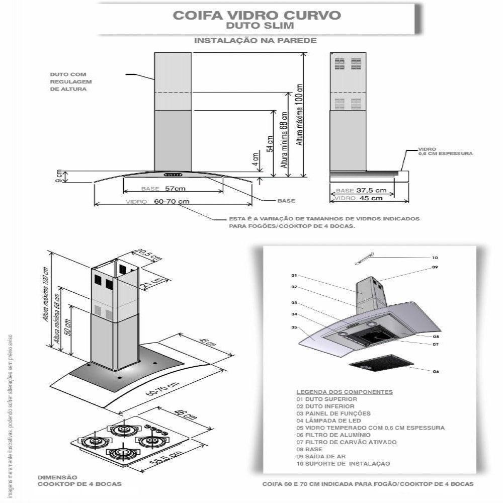 Coifa De Parede Clean Vidro Curvo 60cm 140w 110v - 4