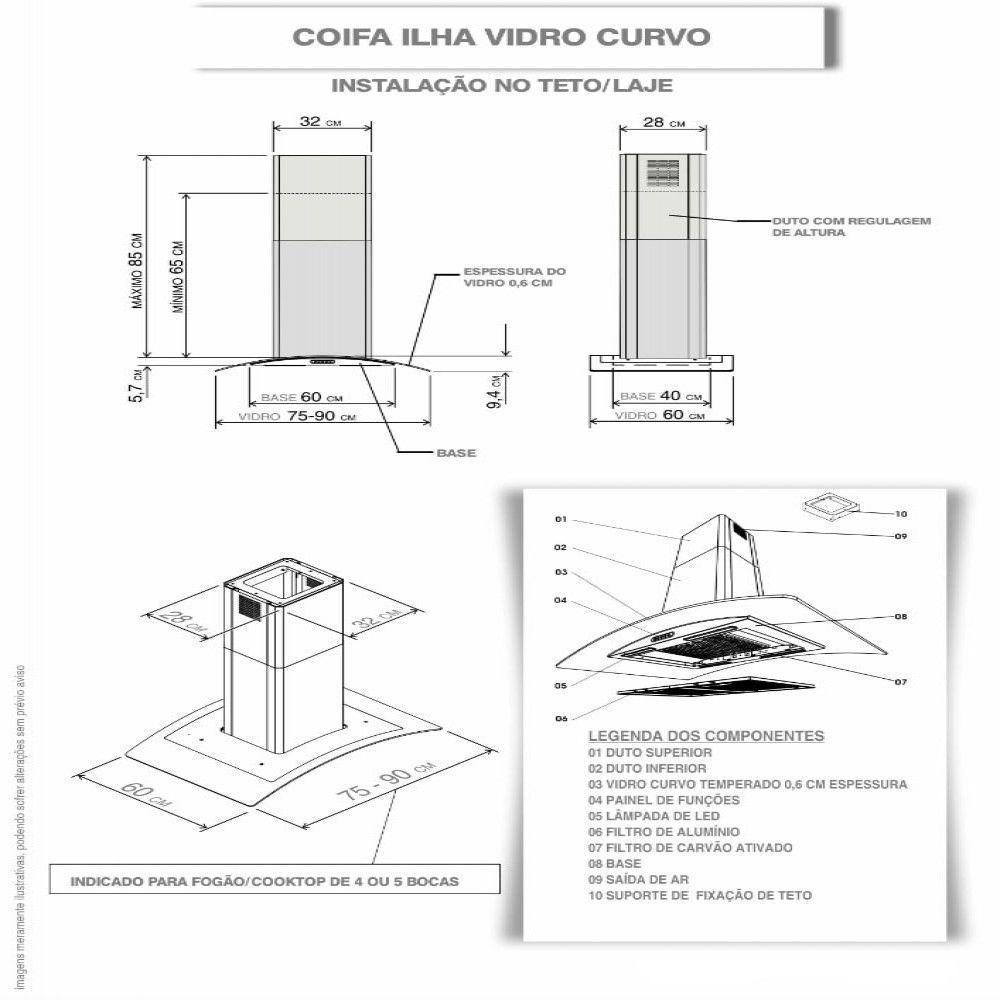 Coifa Ilha 75Cm Vidro Curvo 3 Velocidades Inox Inox 110V - 5