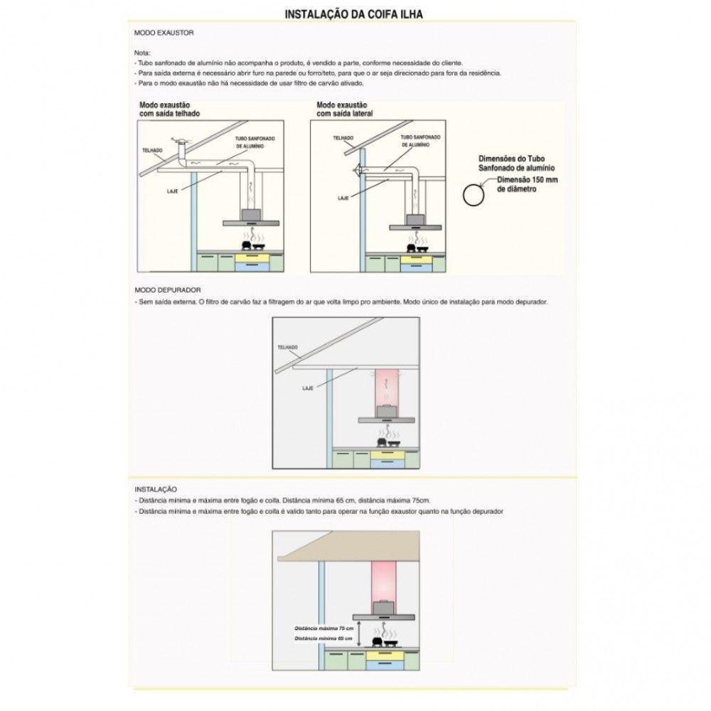 Coifa Ilha 90Cm Vidro Reto 3 Velocidades Inox Inox 110V - 4