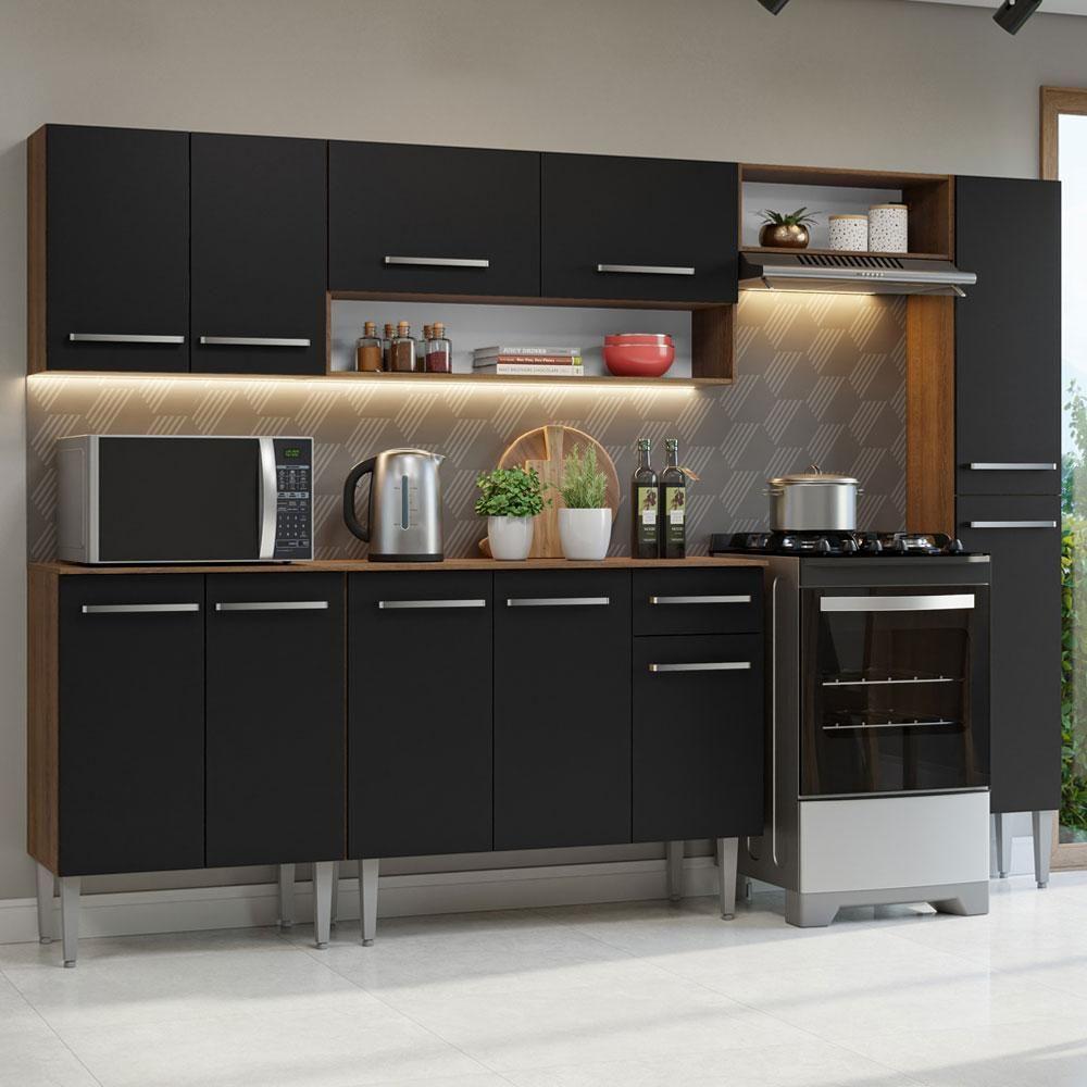 Armário De Cozinha Compacta 261 Cm Rustic/preto Emilly Madesa 09 Rustic/preto - 1