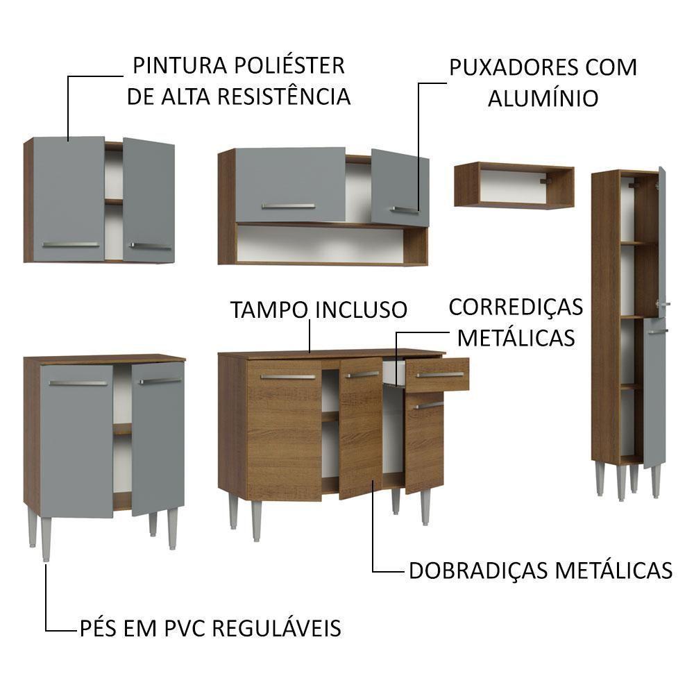 Armário De Cozinha Compacta 261 Cm Rustic/cinza Emilly Madesa 09 Rustic/cinza - 4