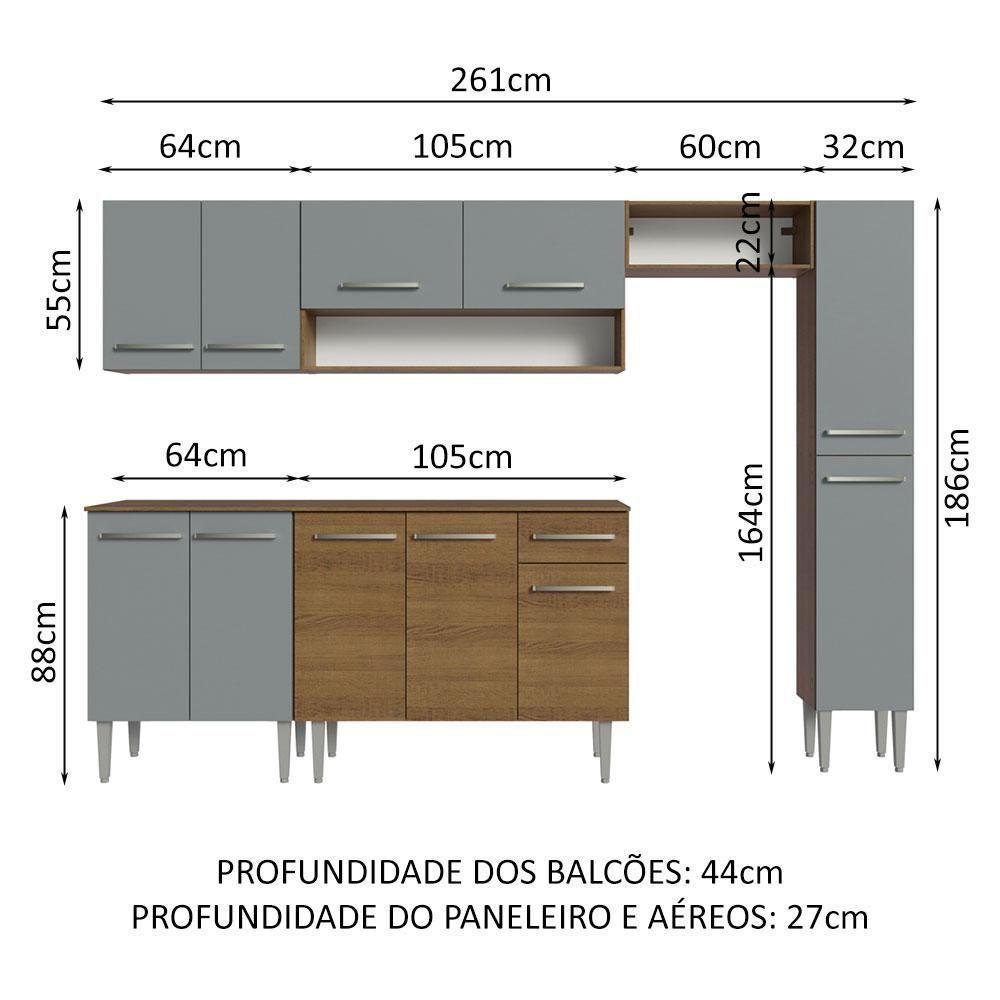 Armário De Cozinha Compacta 261 Cm Rustic/cinza Emilly Madesa 09 Rustic/cinza - 6