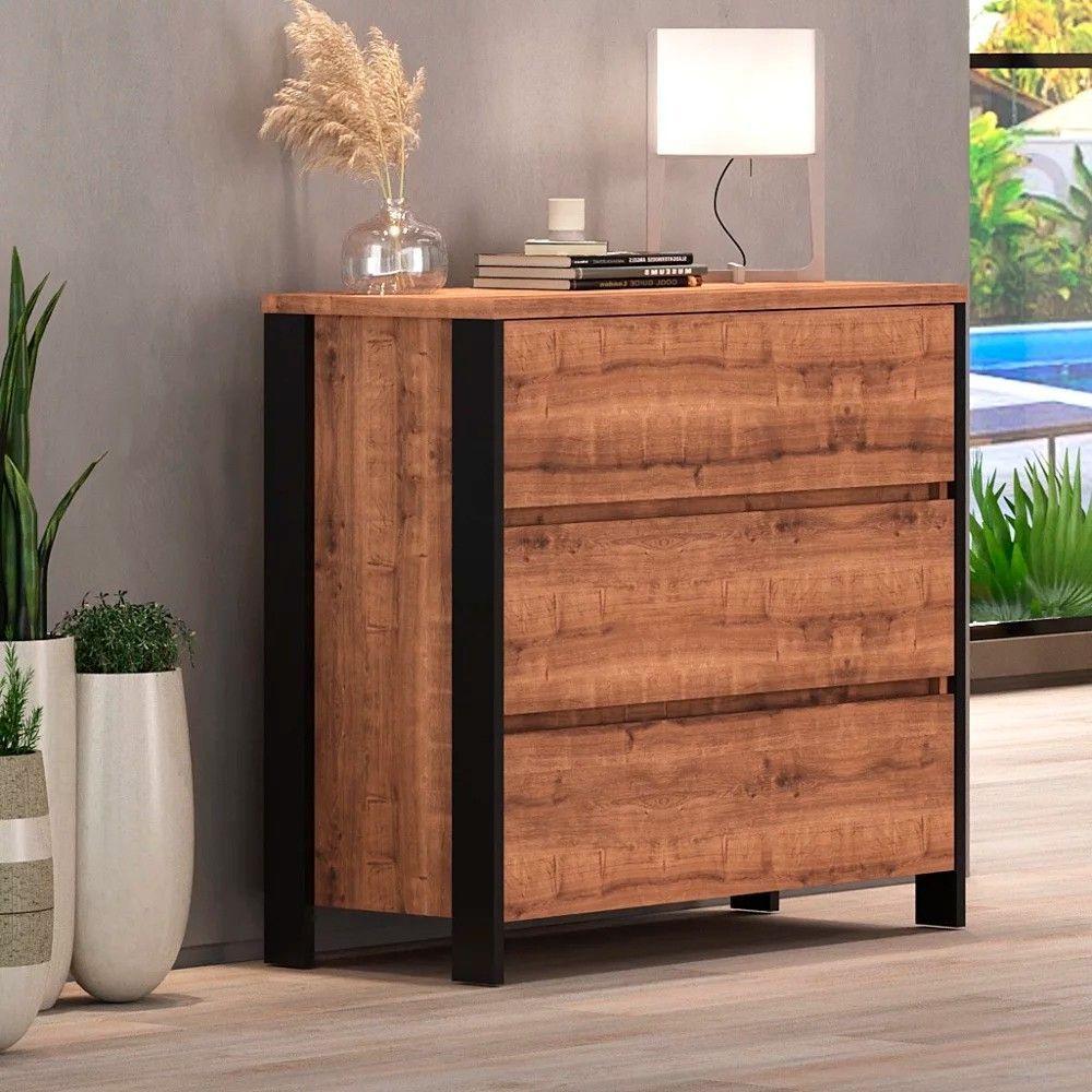 Cômoda 3 Gavetas Estilo Industrial Chess F04 Preto/solanum - 4