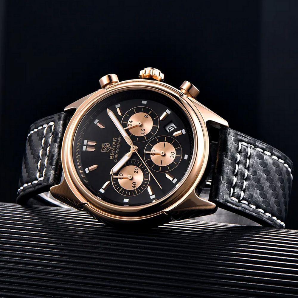 Relógio Masculino Analógico Quartzo Cronógrafo Impermeavel Preto Dourado - 4