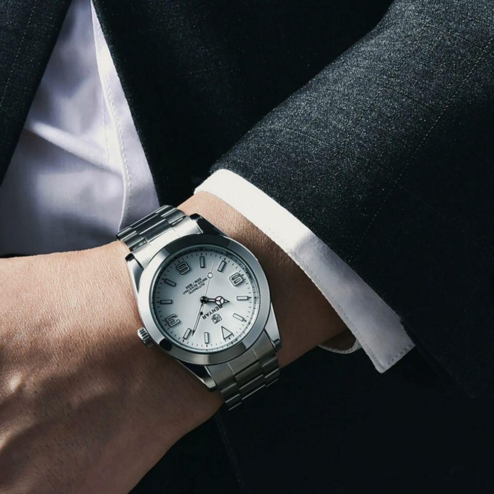 Relógio De Pulso Mecânico Em Aço Inoxidavel Design Esportivo Impermeável Branco - 3