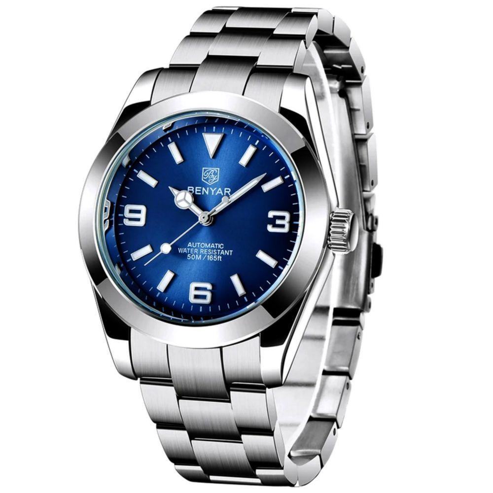 Relógio De Pulso Mecânico Em Aço Inoxidavel Design Esportivo Impermeável Azul - 1