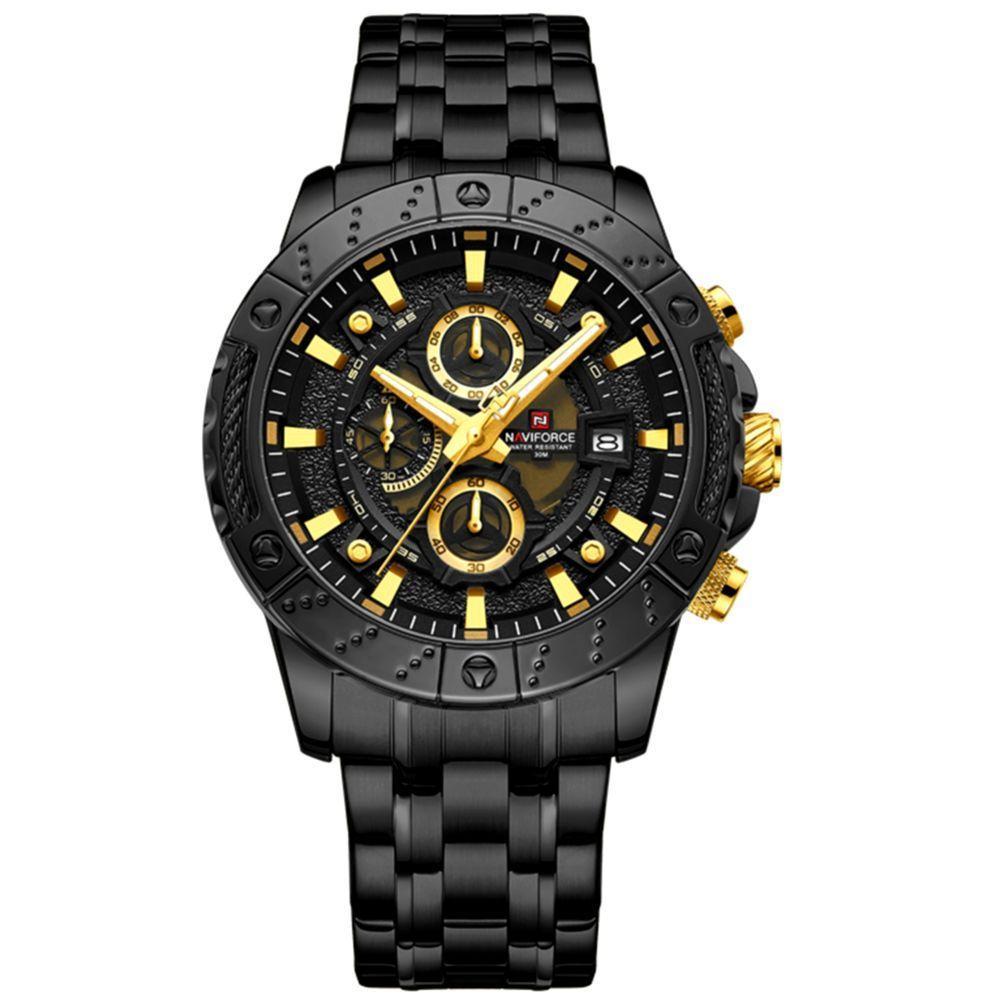 Relógio Masculino Analógico Quartzo Em Aço Inoxidável Impermeavel Preto Dourado - 1