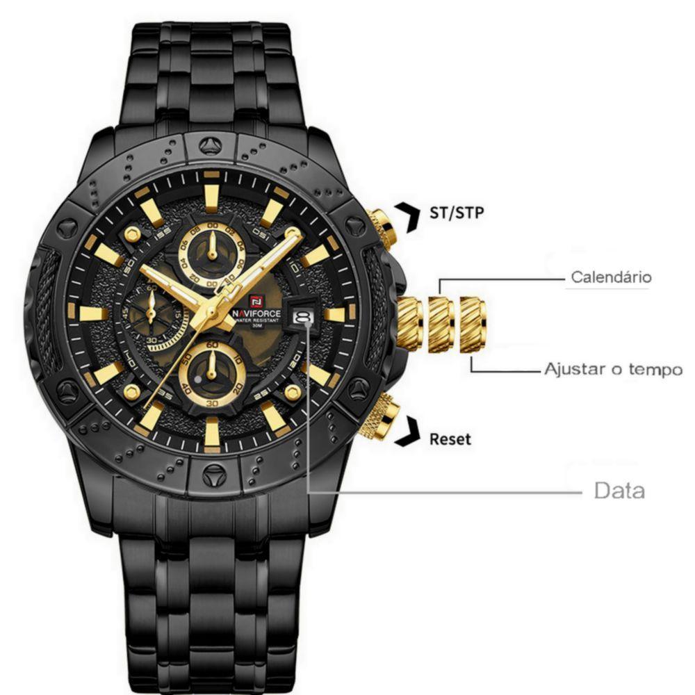 Relógio Masculino Analógico Quartzo Em Aço Inoxidável Impermeavel Preto Dourado - 3