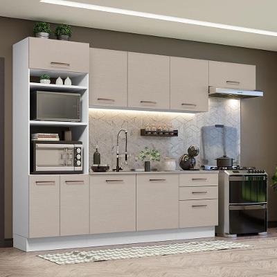 Armário de Cozinha Completa Agata 9 Portas 3 Gavetas MDF 330cm Branco-crema