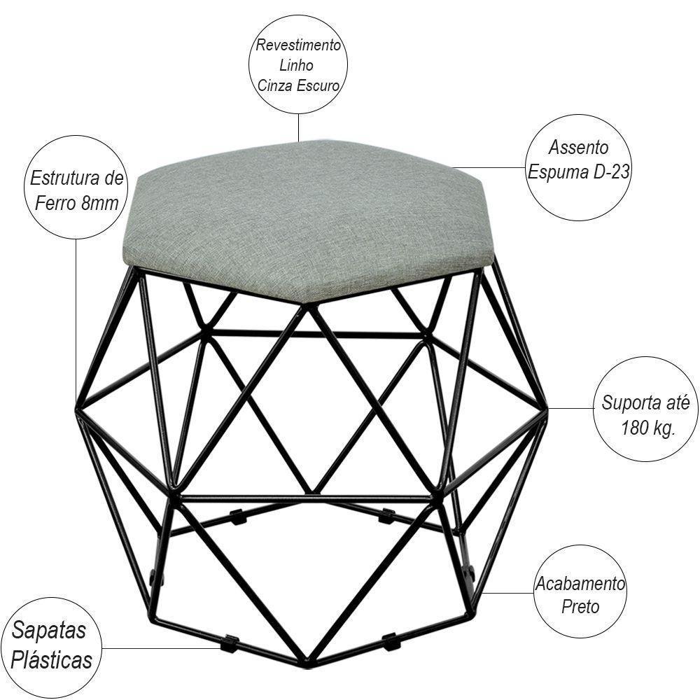 Puff Aramado Preto Six L02 Linho Cinza Escuro - 4