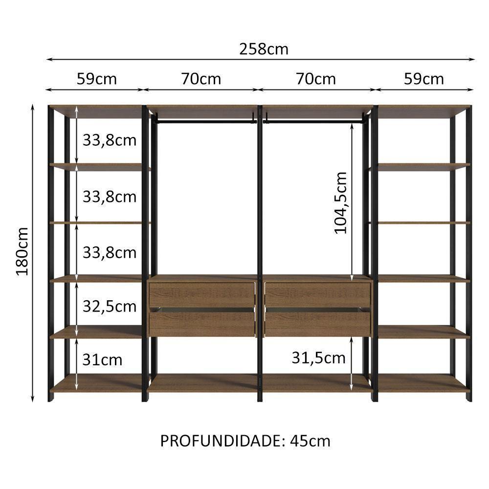 Guarda-roupa Closet Modulado Valencia 4 Gavetas 258cm Rustic-Preto Madesa 01 - 10