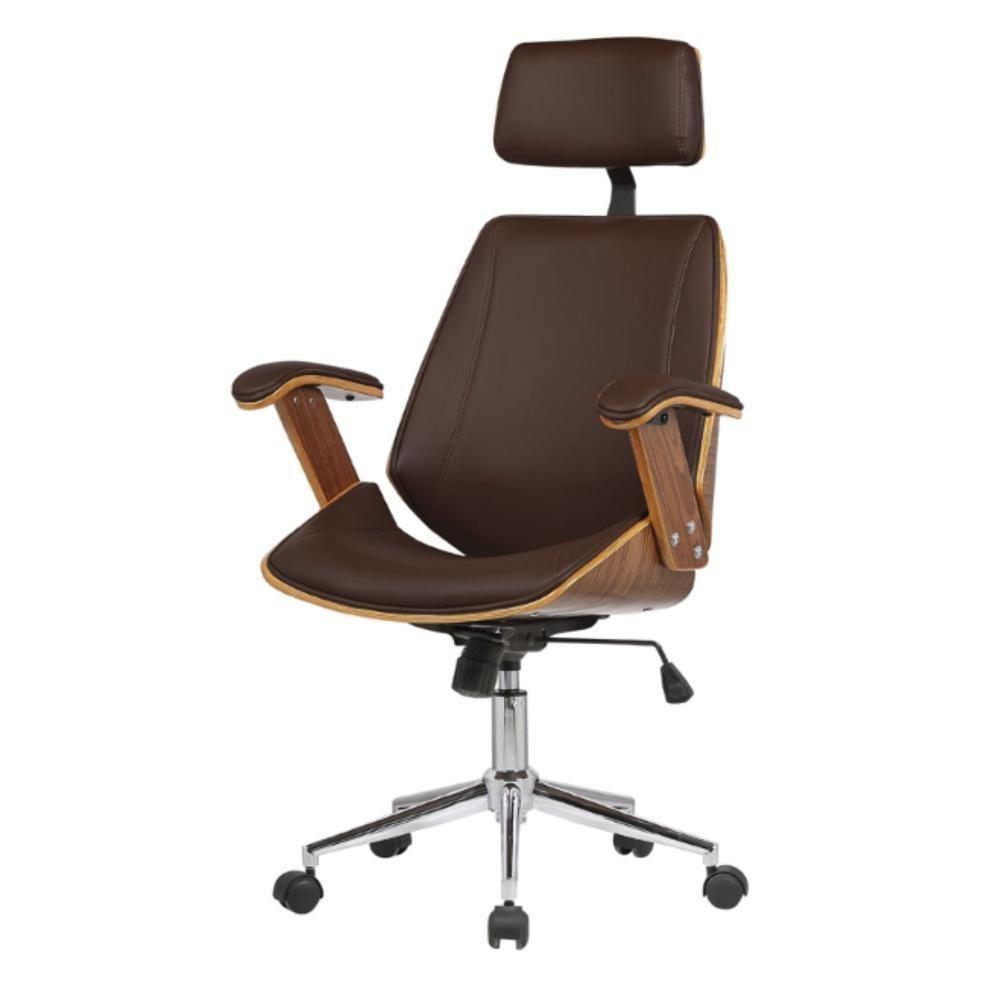 Cadeira Giratória Lisboa Bergen Rivatti C- Encosto De Cabeça Madeira Laminada Pu Marrom Base Rodízio - 1