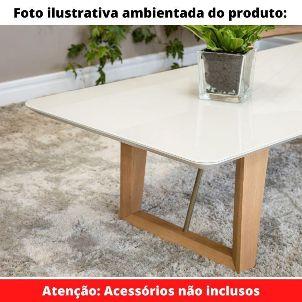 Mesa De Centro Roma Univ 140 Cm Tampo Madeira Vidro Colado Branco Base Madeira Amêndoa Metalizado - 2