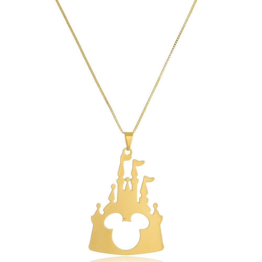 Colar Personalizado Castelo Disney Com Mickey Vazado Folheado Em Ouro 18k [f027] - 1