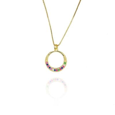 Colar De Circulo Com Metade Em Zircônia Colorida Folheado A Ouro 18k [f027]