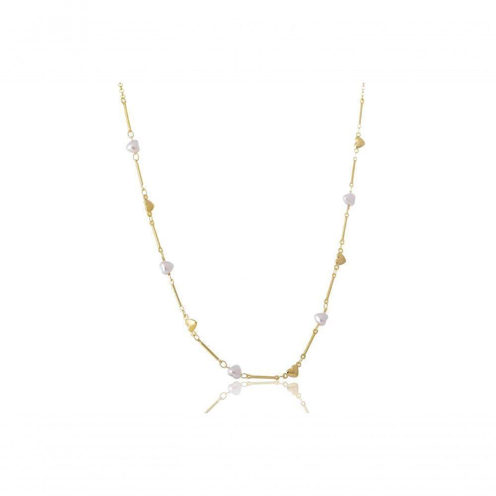 Colar Folheado Em Ouro 18k Com Pérolas De Coração [f027] - 1