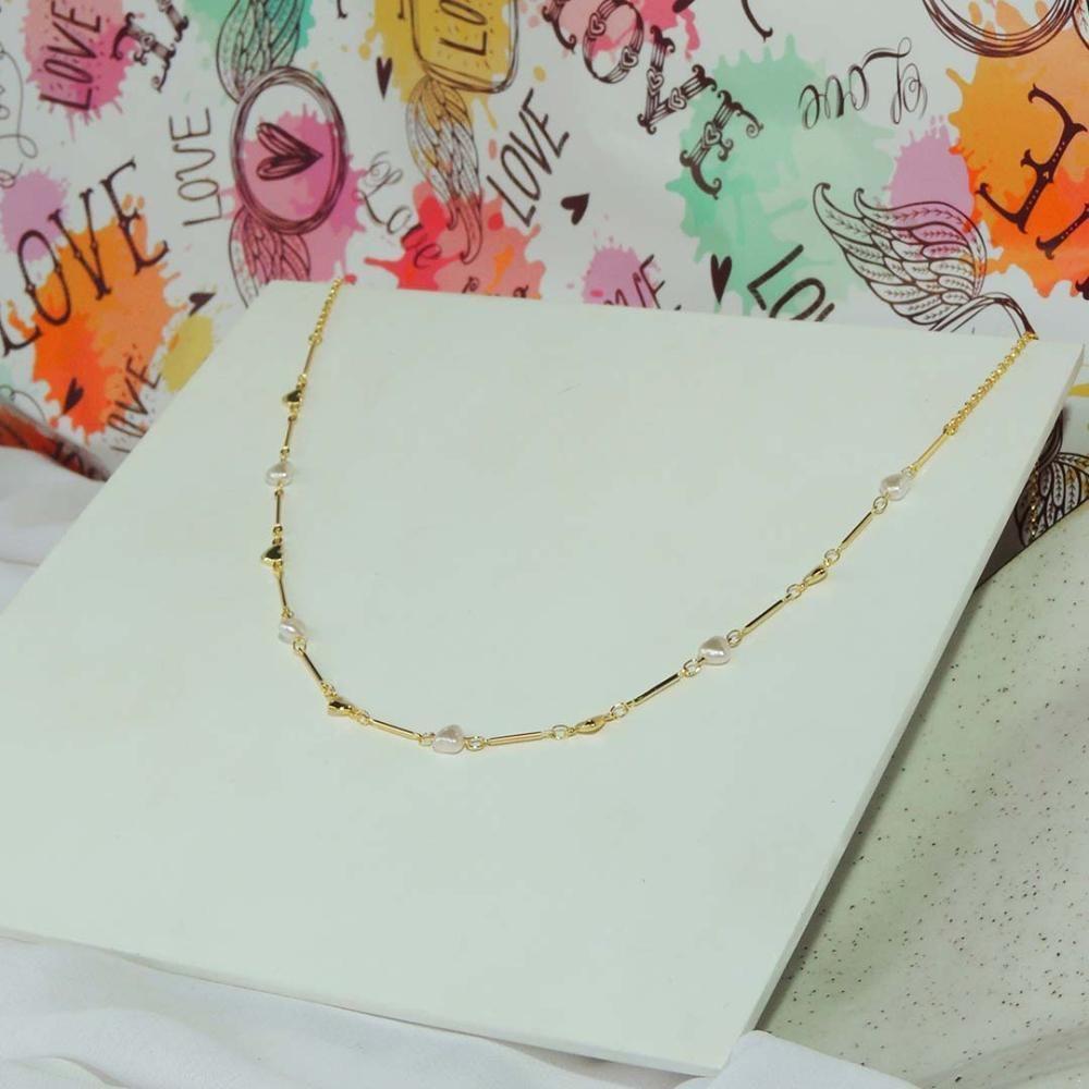 Colar Folheado Em Ouro 18k Com Pérolas De Coração [f027] - 2