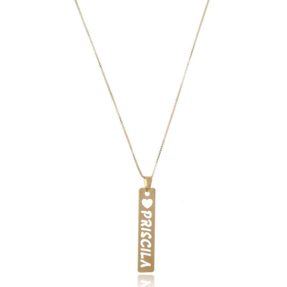 Colar Personalizado Retangular Com Coração E Nome Vazado Folheado Em Ouro 18k [f027] - 1