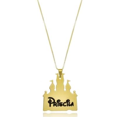 Colar Personalizado Castelo Da Disney Nome Folheado Em Ouro 18k [f027]
