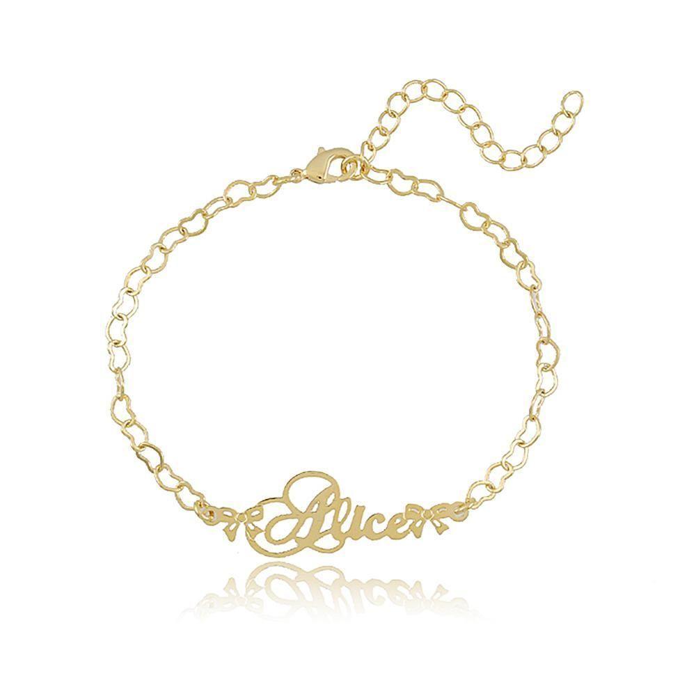 Pulseira Com Corrente De Coração E Nome Folheado Em Ouro 18k [f027] - 1