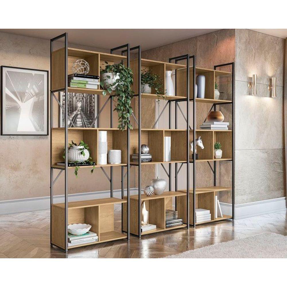 Estante p/Sala Industrial LI014 Kit 3 Un Aço Madeirado 72x200cm Freijo/Preto - Kappesberg - 1