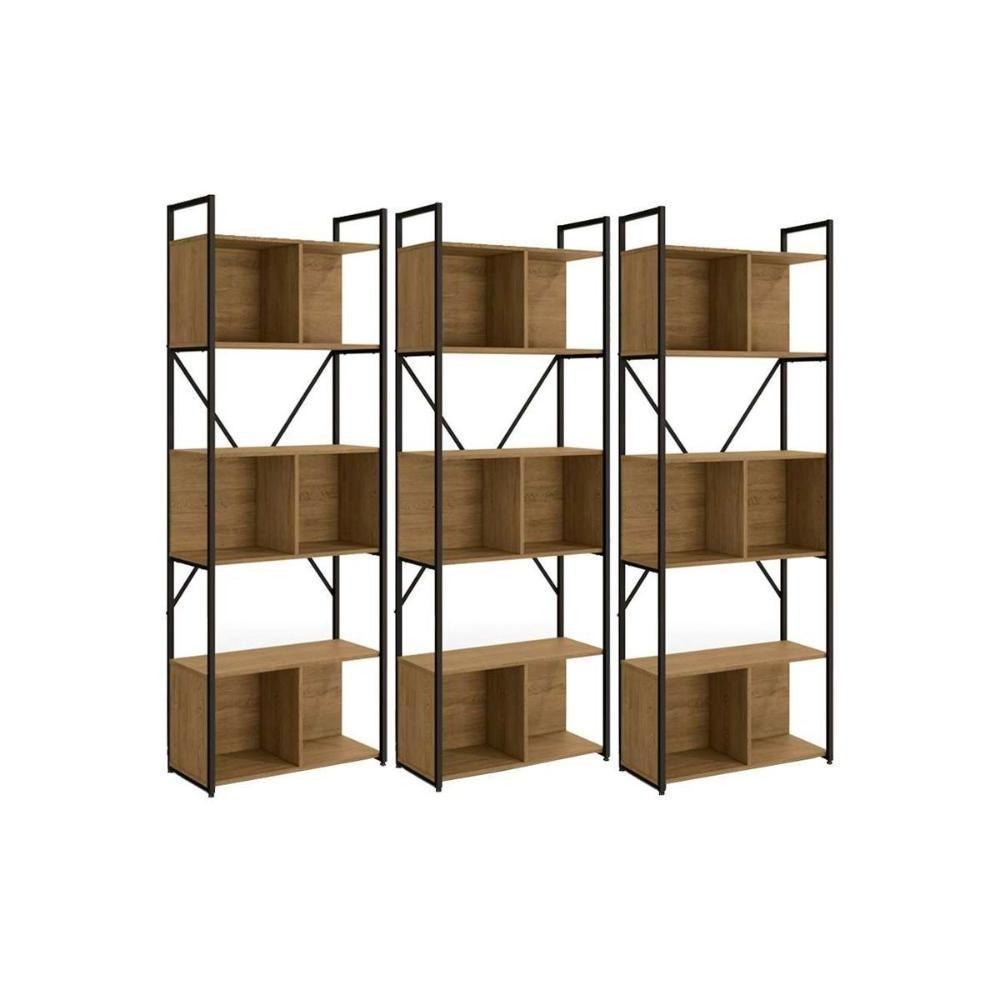 Estante p/Sala Industrial LI014 Kit 3 Un Aço Madeirado 72x200cm Freijo/Preto - Kappesberg - 3