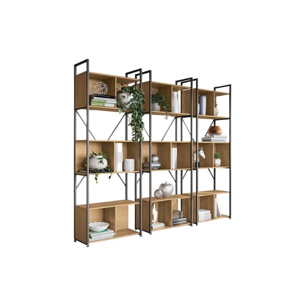 Estante p/Sala Industrial LI014 Kit 3 Un Aço Madeirado 72x200cm Freijo/Preto - Kappesberg - 3