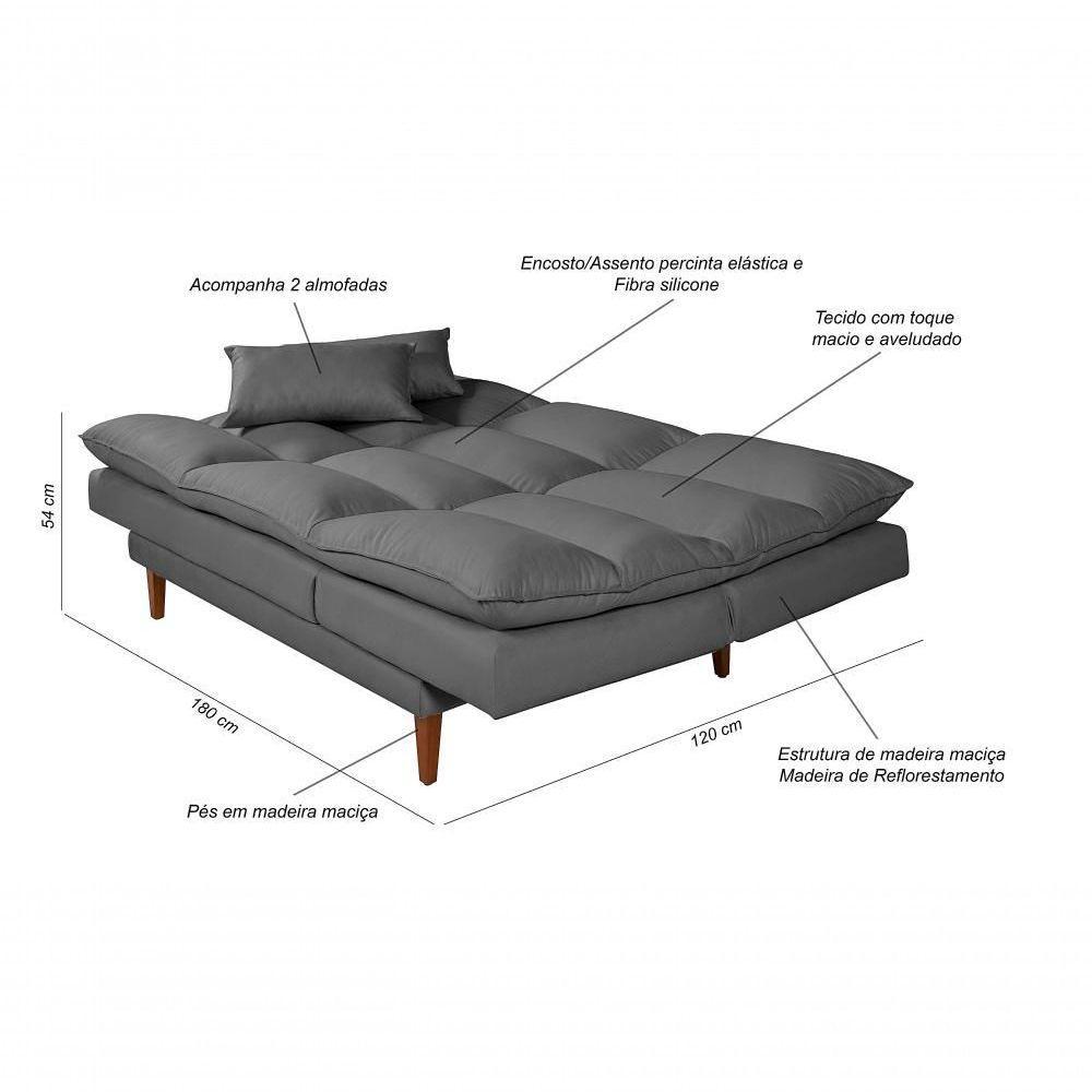 Sofá Cama Vancouver 3 Lugares Império Reclinável Casal Pés Madeira Suede Cinza 380 - 2