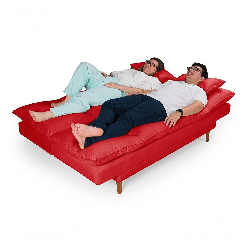 Sofá Cama Andorra 3 Lugares Império Reclinável Casal Pés Madeira Suede Vermelho 373 - 2