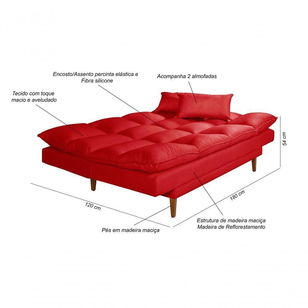 Sofá Cama Andorra 3 Lugares Império Reclinável Casal Pés Madeira Suede Vermelho 373 - 3