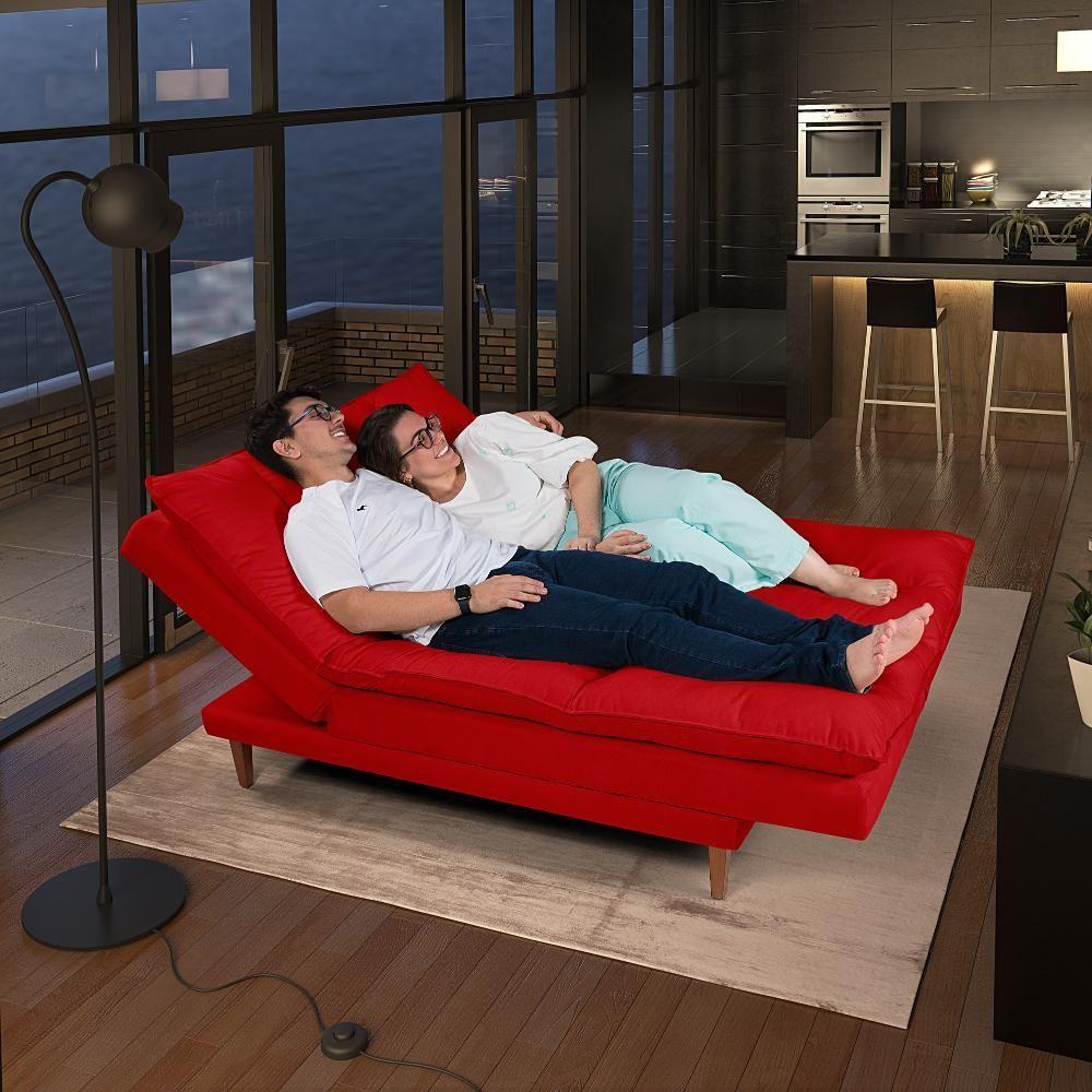 Sofá Cama Vancouver 3 Lugares Império Reclinável Casal Pés Madeira Suede Vermelho 373 - 2