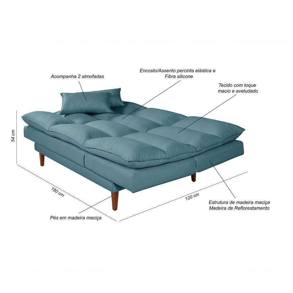 Sofá Cama Vancouver 3 Lugares Império Reclinável Casal Pés Madeira Suede Azul Turquesa 362 - 4