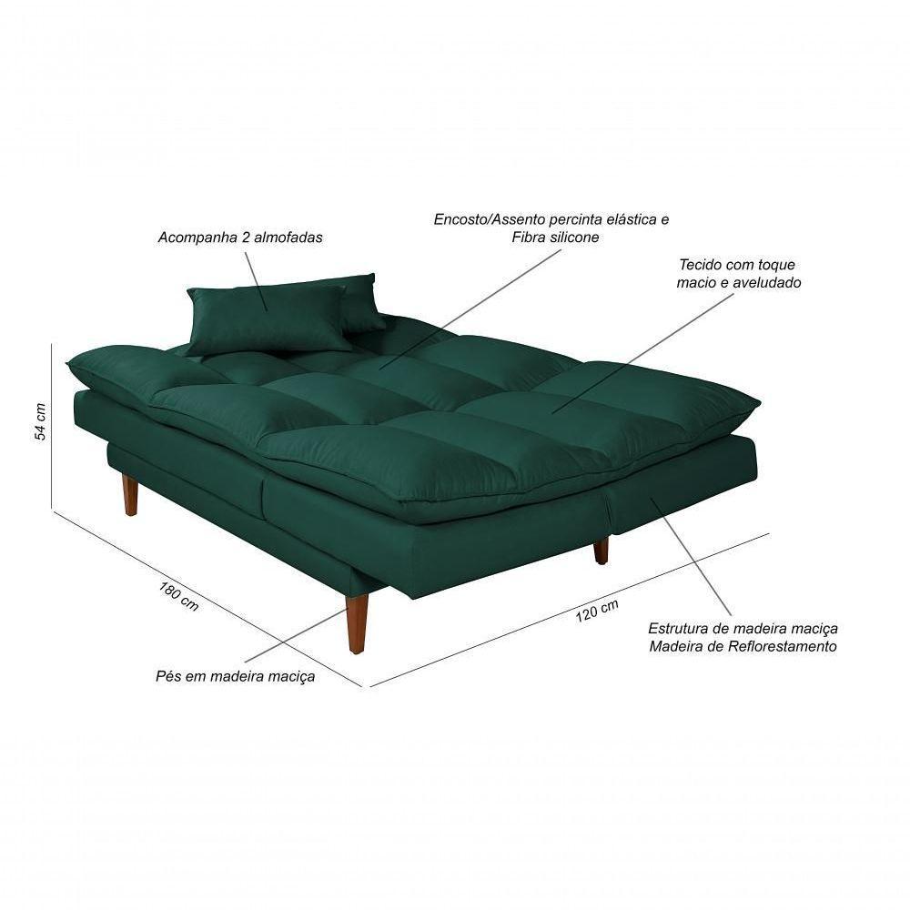 Sofá Cama Vancouver 3 Lugares Império Reclinável Casal Pés Madeira Suede Verde 403 - 4
