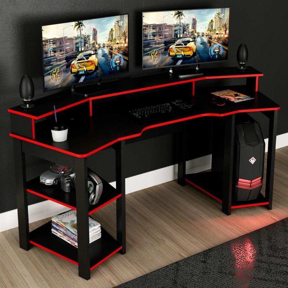 Mesa Gamer Cockpit 3 Prateleiras Me4167 Preto Vermelho Tecno Mobili Preto Vermelho - 2