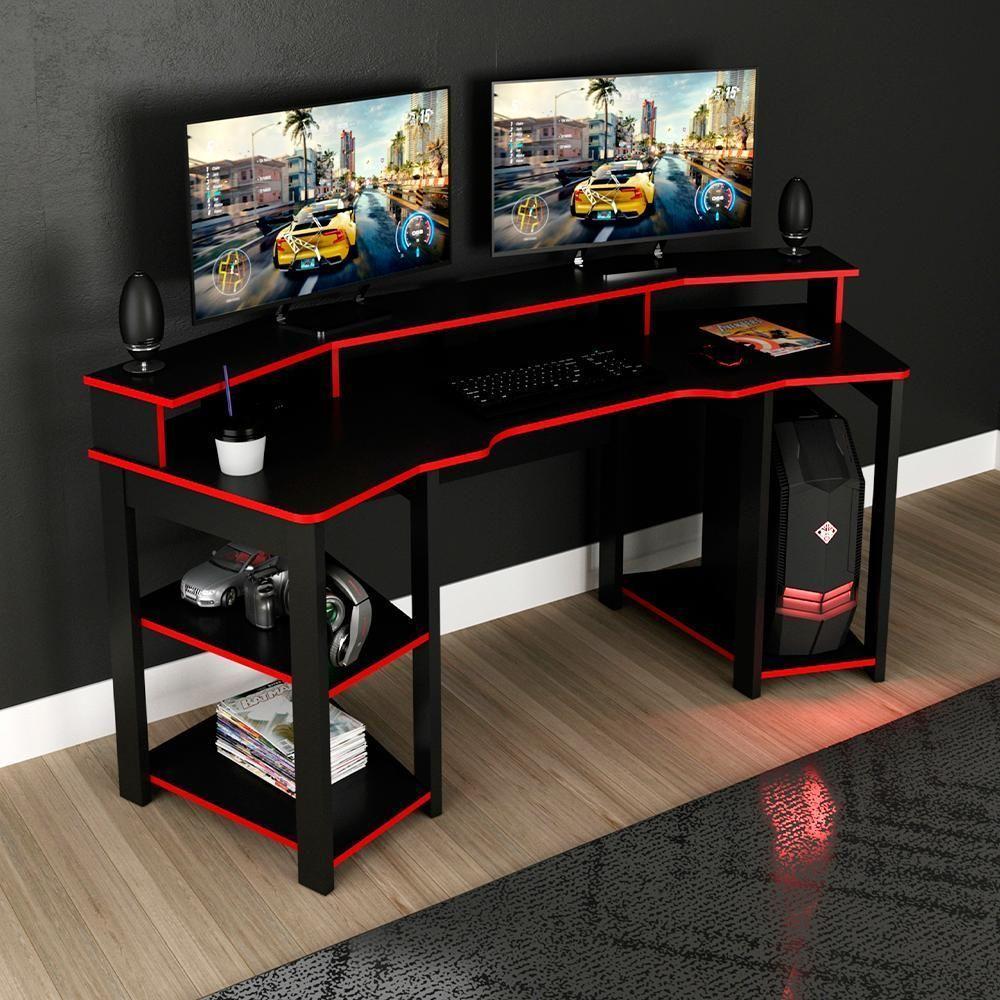 Mesa Gamer Cockpit 3 Prateleiras Me4167 Preto Vermelho Tecno Mobili Preto Vermelho - 3