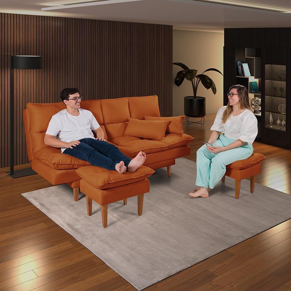 Sofá Cama Andorra 3 Lugares Império Reclinável Casal Pés Madeira Com Banqueta Suede Areia 376 - 2
