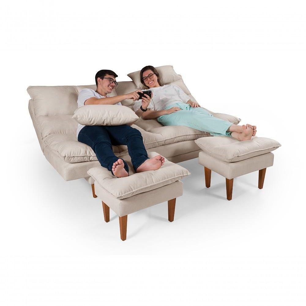Sofá Cama Andorra 3 Lugares Império Reclinável Casal Pés Madeira Com Banqueta Suede Areia 376 - 7