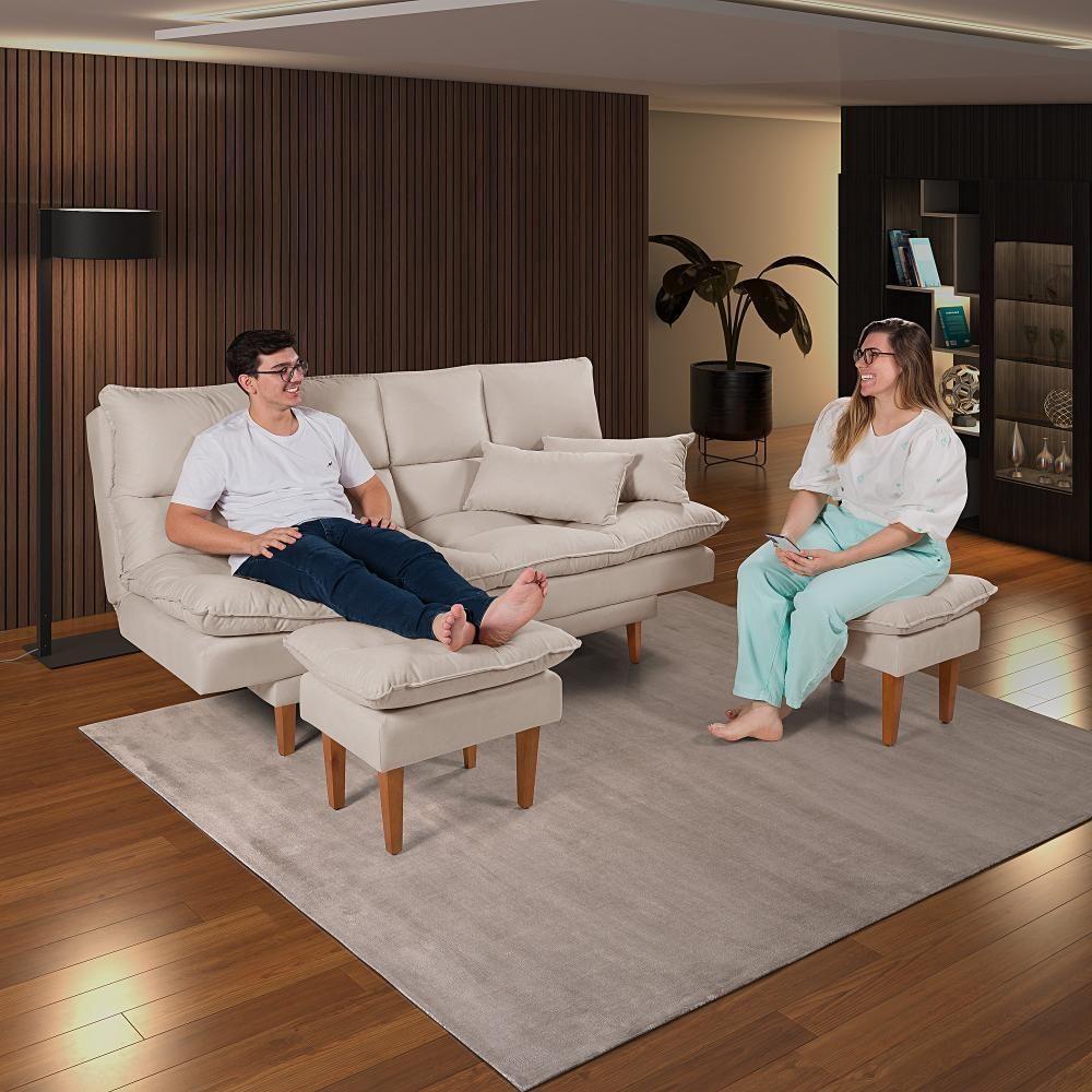 Sofá Cama Andorra 3 Lugares Império Reclinável Casal Pés Madeira Com Banqueta Suede Areia 376 - 8