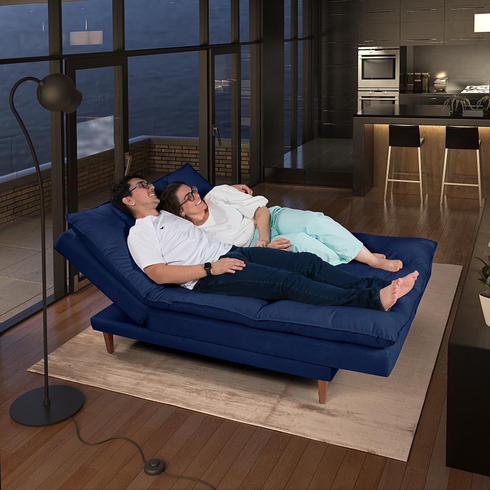 Sofá Cama Vancouver 3 Lugares Império Reclinável Casal Pés Madeira Suede Azul Marinho 375 - 2