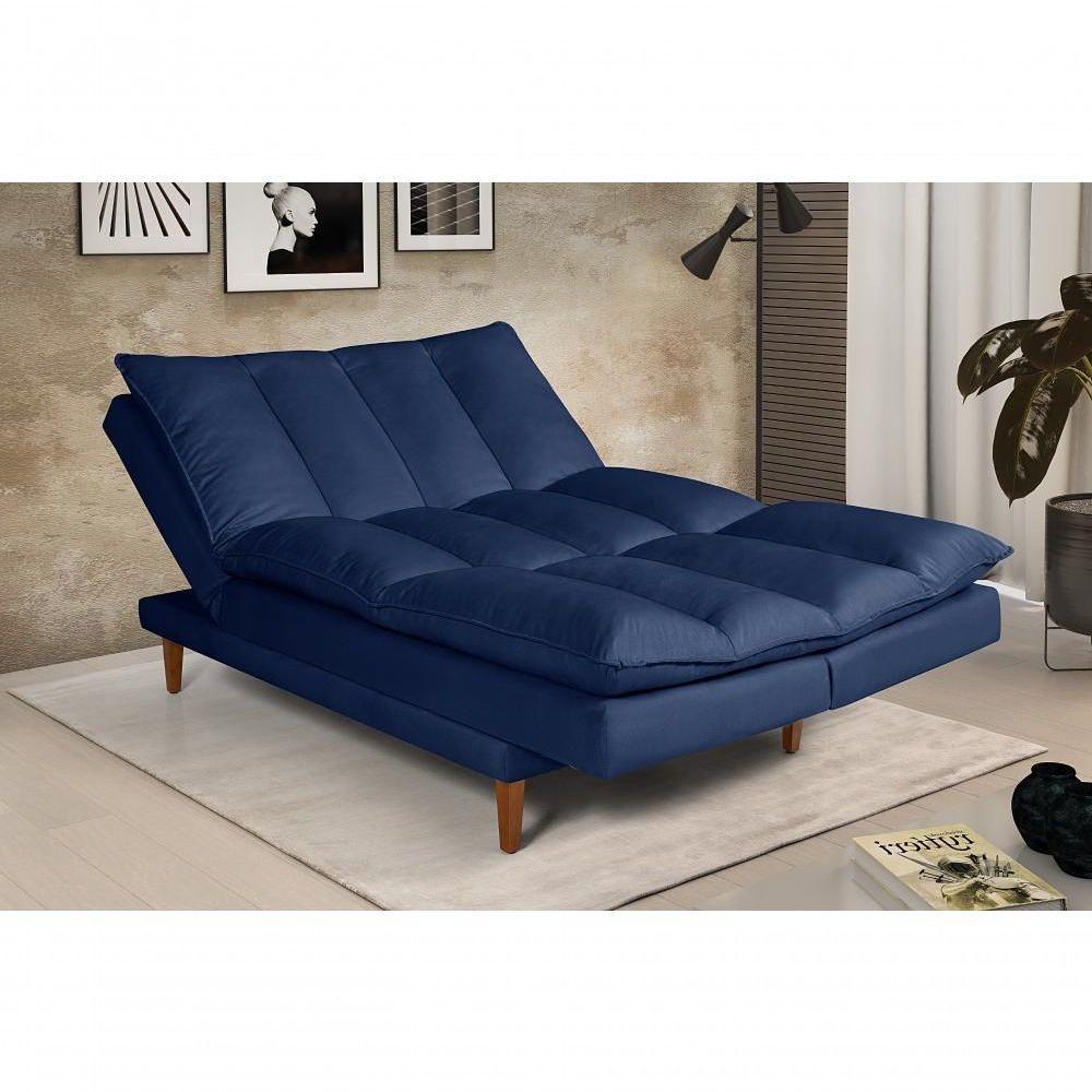 Sofá Cama Vancouver 3 Lugares Império Reclinável Casal Pés Madeira Suede Azul Marinho 375 - 3